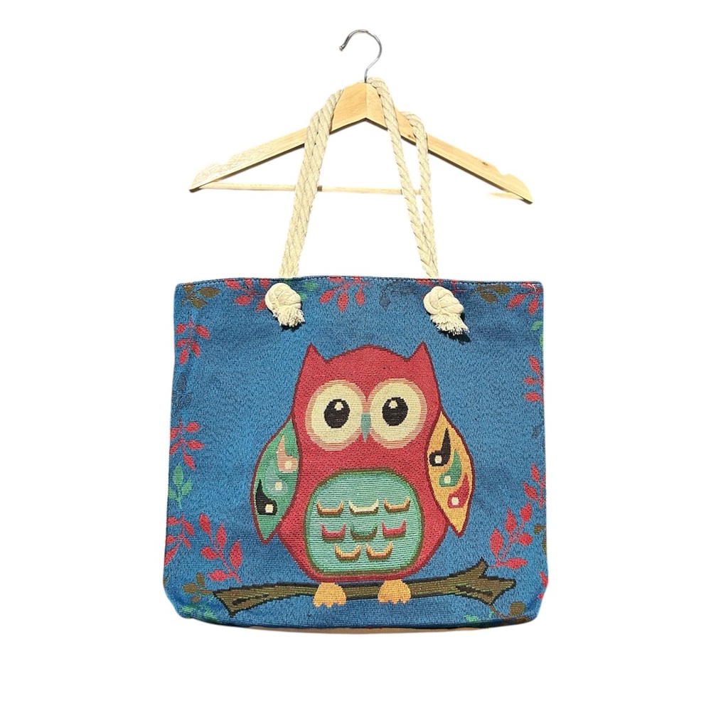 Blue Owl Tote Bag with Rope Handles